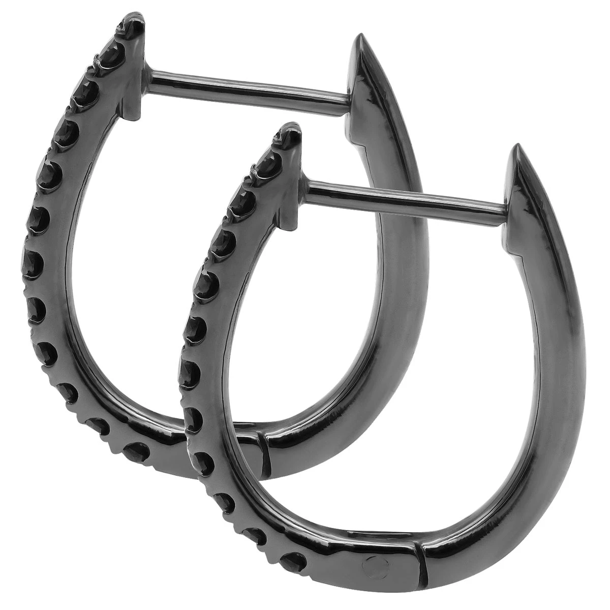 14K Gold Black Diamond Hoop Huggie Earrings 0.2ct 13mm Long - Image 2