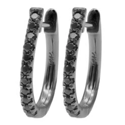 14K Gold Black Diamond Hoop Huggie Earrings 0.2ct 13mm Long