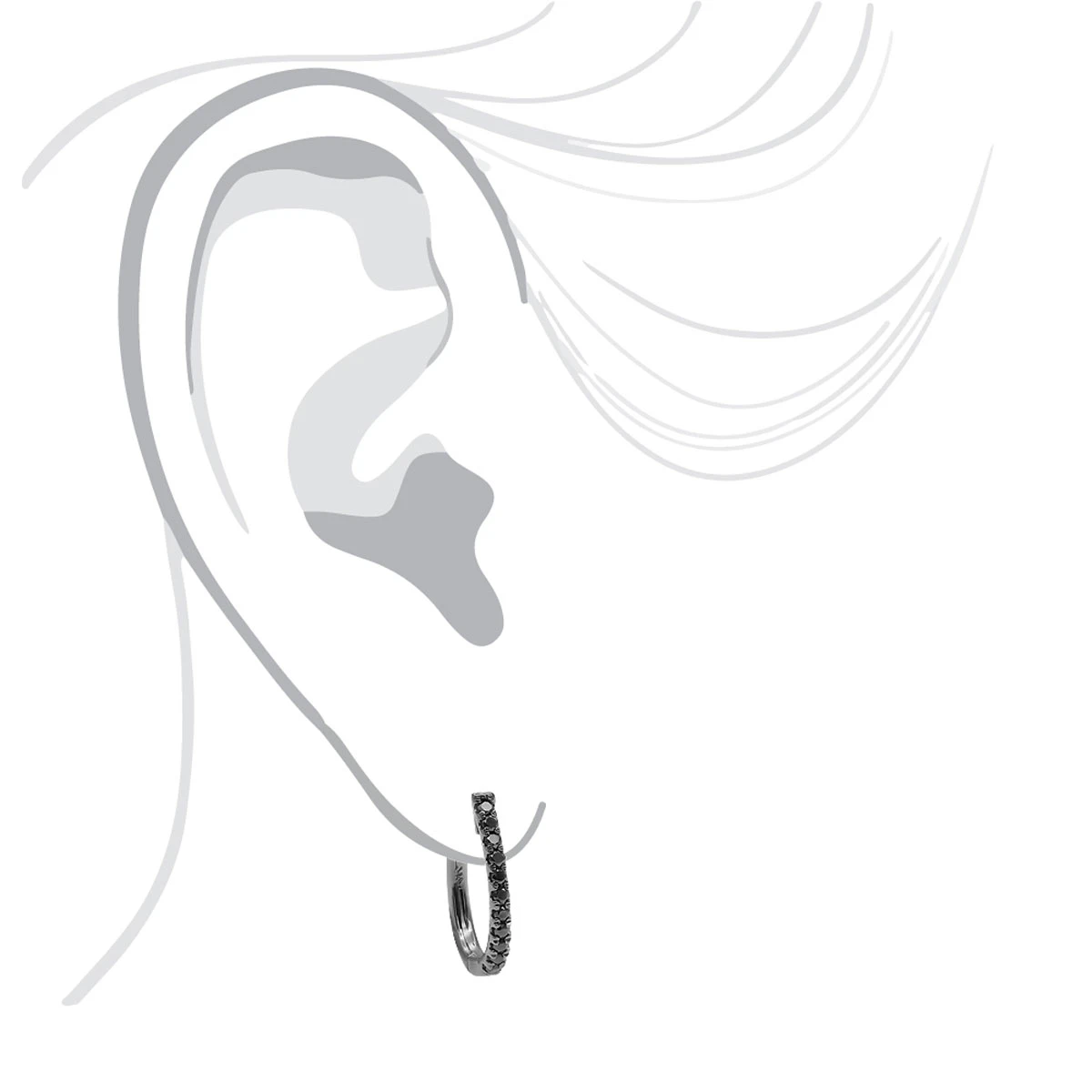 14K Gold Black Diamond Hoop Huggie Earrings 0.2ct 13mm Long - Image 3