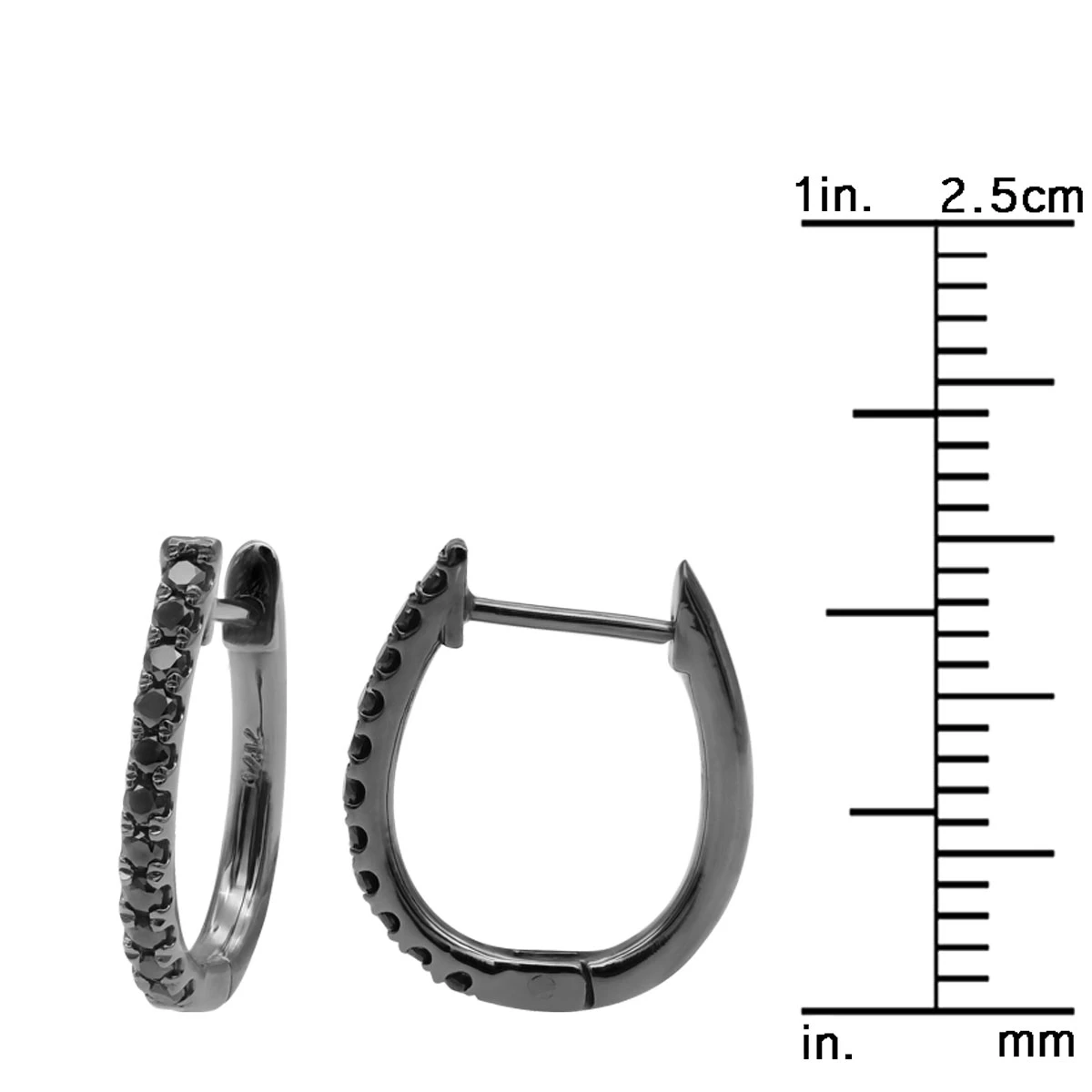 14K Gold Black Diamond Hoop Huggie Earrings 0.2ct 13mm Long - Image 5