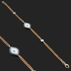 14K Rose Gold Diamond And Blue Sapphire Evil Eye Bracelet .14ct