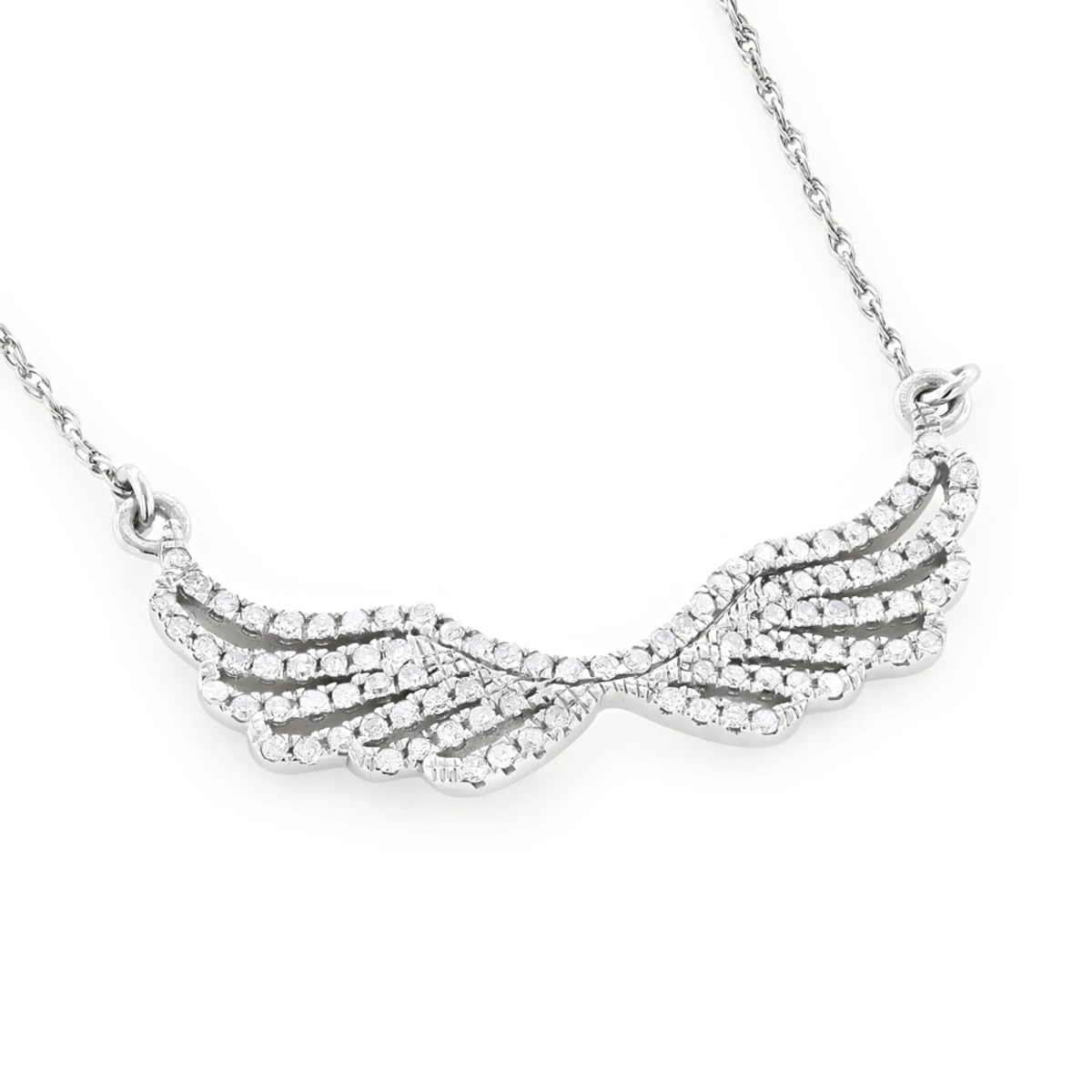14K White Gold Ladies Diamond Wings Necklace Pendant By Luxurman
