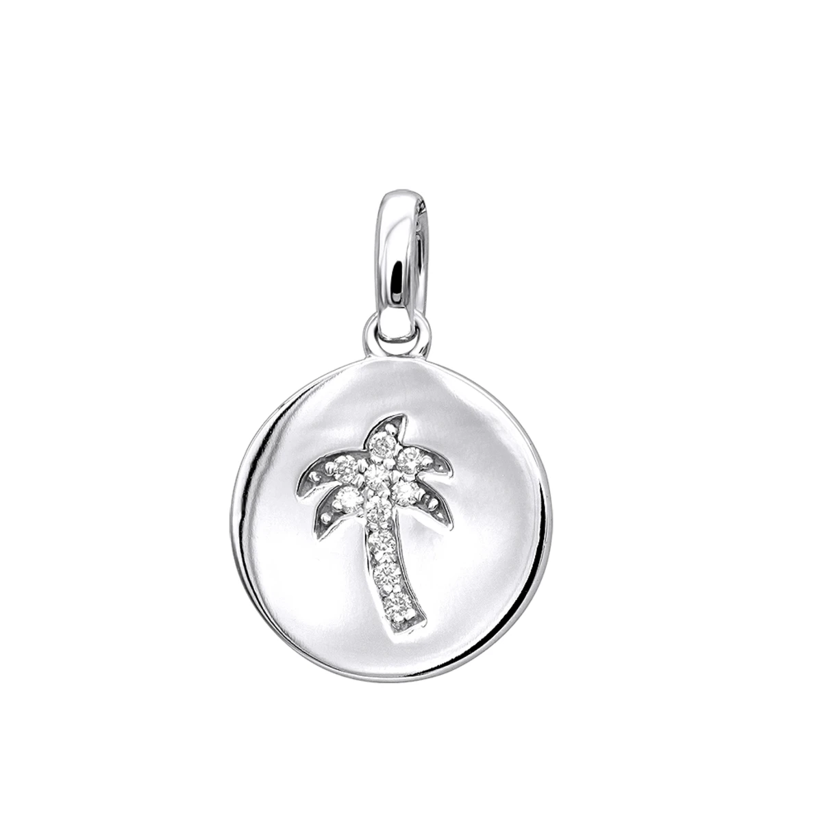 14K White Gold Palm Tree Circle Diamond Pendant 0.1ct Small Charm