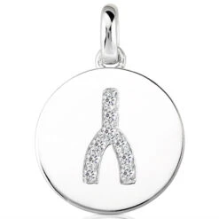 14K White Gold Round Diamond Wishbone Necklace Pendant 0.09