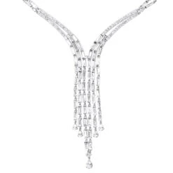 18K White Gold Antique Style Ladies Diamond Necklace Round Baguette Pear Diamonds