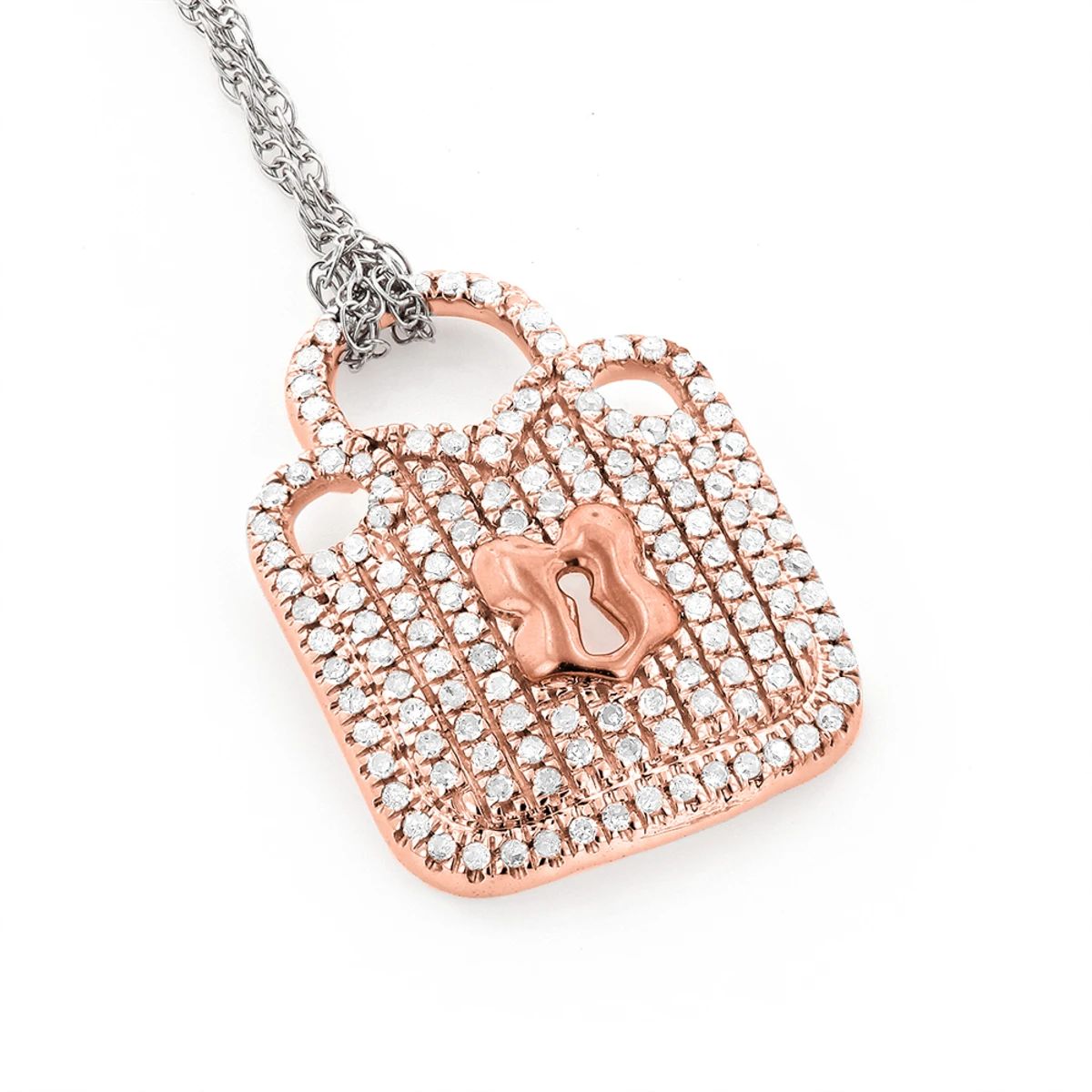 Real White & 10K White/Rose Gold Ladies Diamond Lock Pendant Necklace 0.3ct - Image 3