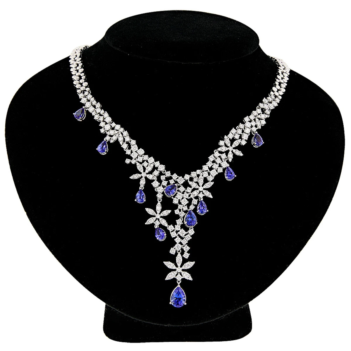 Designer Diamond Tanzanite Chandelier Necklace 18K Gold - Image 3