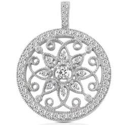 Diamond 14K White Gold Filigree Circle Diamond Pendant 1.15
