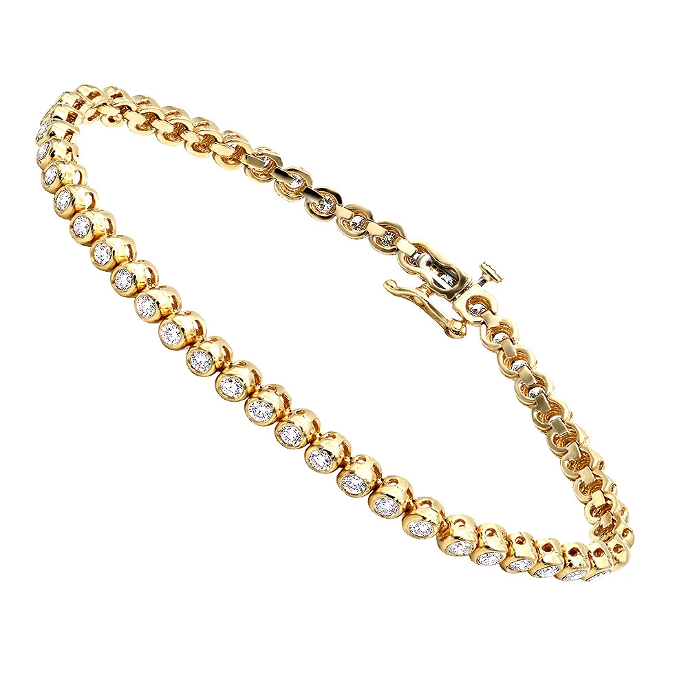 3 Carat Modern Bezel Set Round Cut Diamond Tennis Bracelet 14K Yellow Gold - Image 2