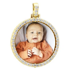 Large Personalized Diamond Circle Photo Pendant 14K Yellow Gold Round Picture Medallion