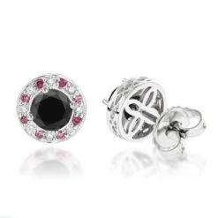 White Pink And Black Diamond Stud Earrings 2.2ct 14K White Gold